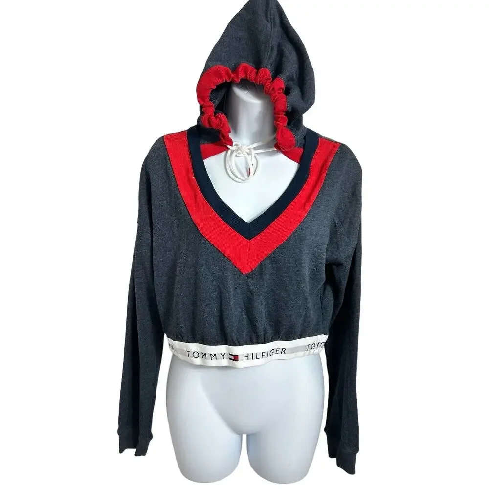 Womens Tommy Hilfiger Retro Cropped Lounge Hoodie Sz Small Sweatshirt V-Neck NEW